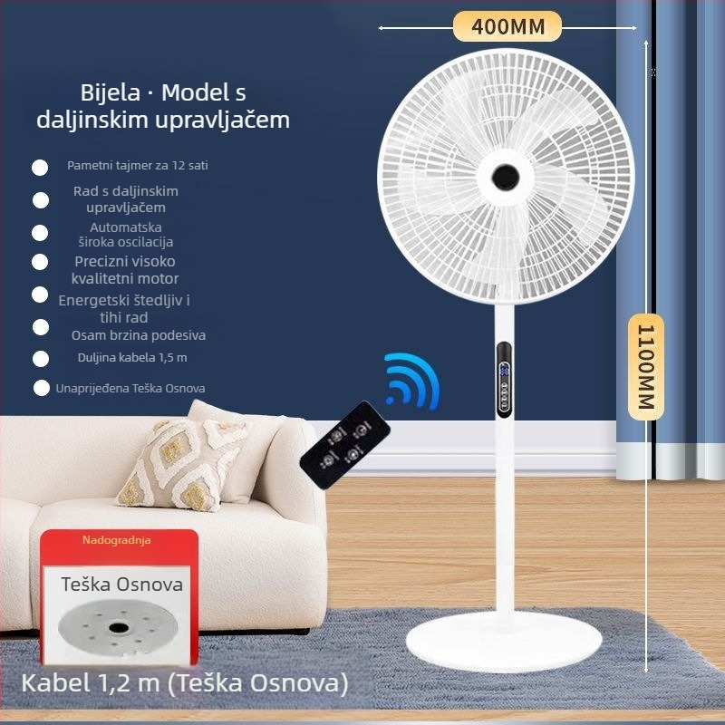Stojeći ventilator s oscilirajućom glavom i daljinskim upravljačem (3 brzine, tajmer 2–8 sati, model M-40)