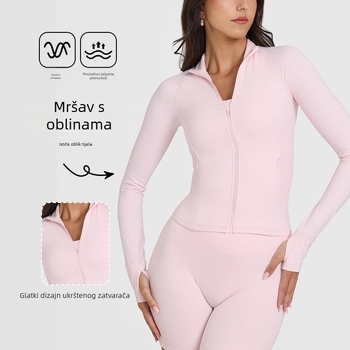 Ženska dugačka jakna za jogu sa zipom, uski kroj, dužina do struka, prozračno-elastičan materijal od najlona i spandeksa (75/25), Ami Medea.