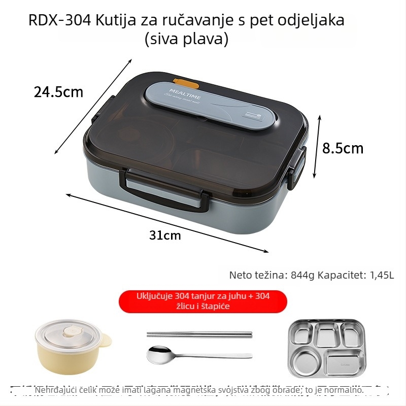 Kutija za ručak od 316 nehrđajućeg čelika, izolirana, pravokutnog oblika, kapacitet 1–2 L, pogodna za putovanja