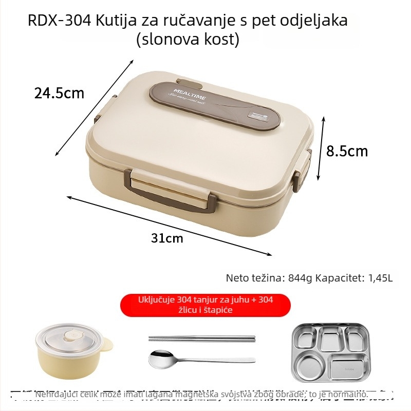 Kutija za ručak od 316 nehrđajućeg čelika, izolirana, pravokutnog oblika, kapacitet 1–2 L, pogodna za putovanja