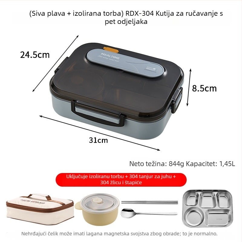 Kutija za ručak od 316 nehrđajućeg čelika, izolirana, pravokutnog oblika, kapacitet 1–2 L, pogodna za putovanja