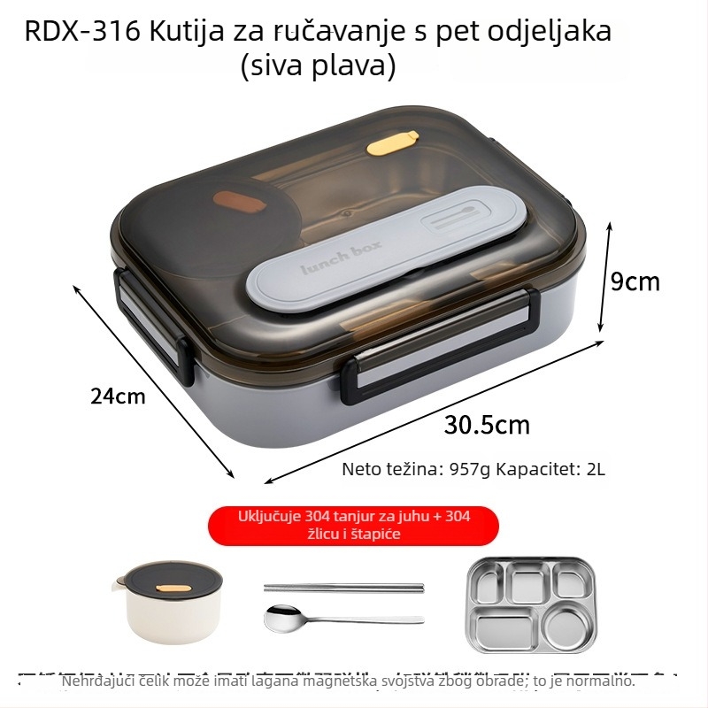 Kutija za ručak od 316 nehrđajućeg čelika, izolirana, pravokutnog oblika, kapacitet 1–2 L, pogodna za putovanja