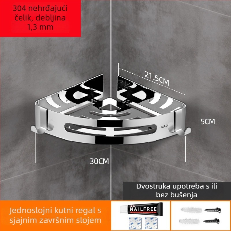 Bez bušenja kutni stalak od nehrđajućeg čelika 304, trokutasti kutni polic, polirano ogledalo, nosivost 20 kg, 1–3 sloja