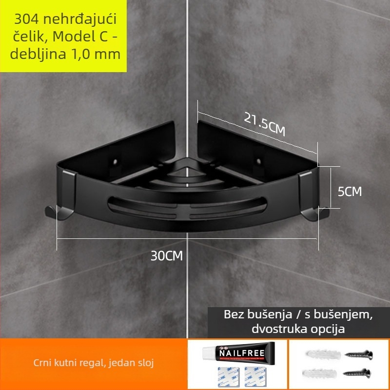 Bez bušenja kutni stalak od nehrđajućeg čelika 304, trokutasti kutni polic, polirano ogledalo, nosivost 20 kg, 1–3 sloja