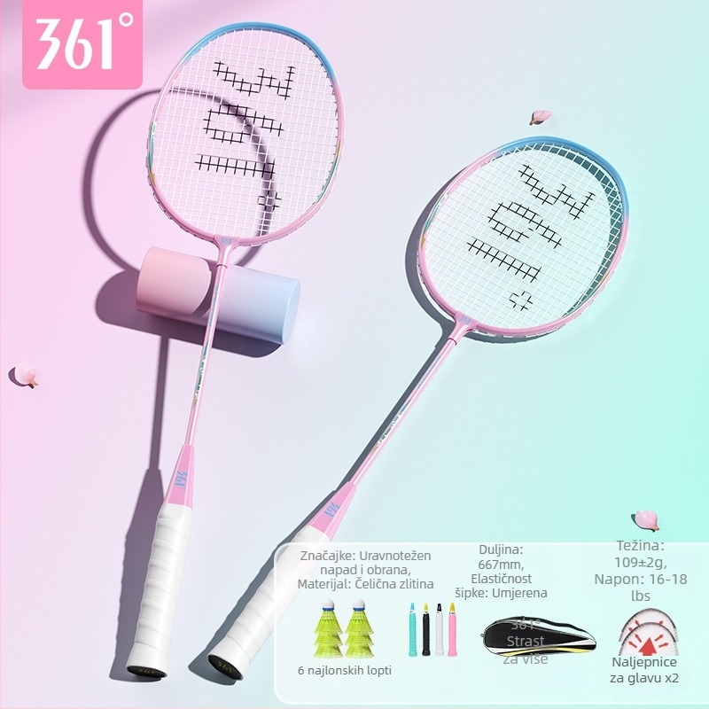 Raketa za badminton 361°, okvir od željeznog legura, težina 95–100 g, debljina drške G2, prav osić dio