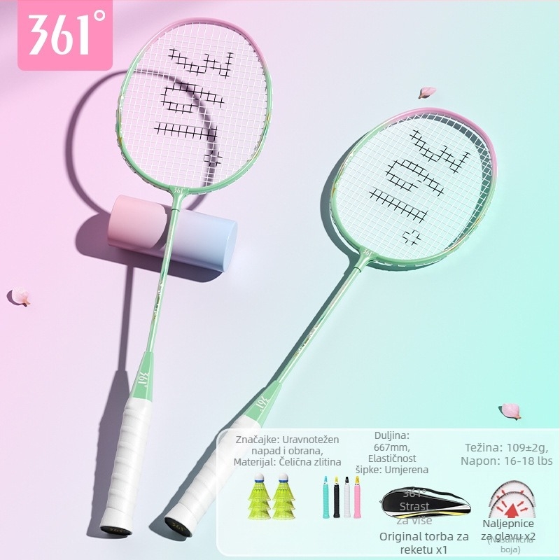 Raketa za badminton 361°, okvir od željeznog legura, težina 95–100 g, debljina drške G2, prav osić dio