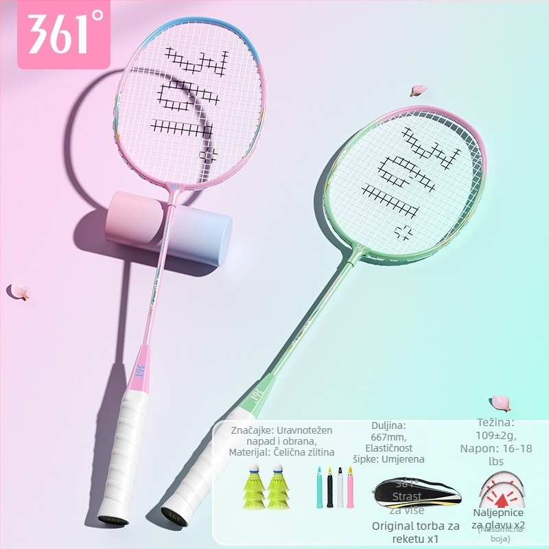 Raketa za badminton 361°, okvir od željeznog legura, težina 95–100 g, debljina drške G2, prav osić dio
