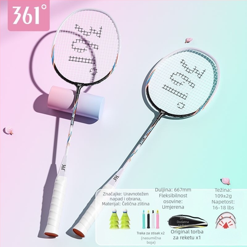 Raketa za badminton 361°, okvir od željeznog legura, težina 95–100 g, debljina drške G2, prav osić dio