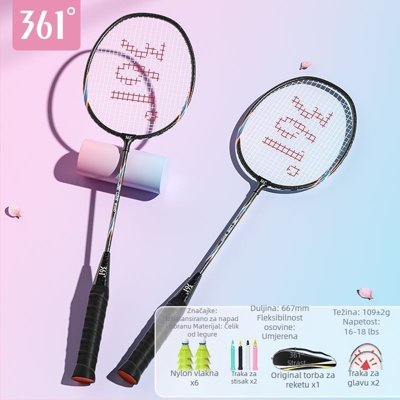 Raketa za badminton 361°, okvir od željeznog legura, težina 95–100 g, debljina drške G2, prav osić dio