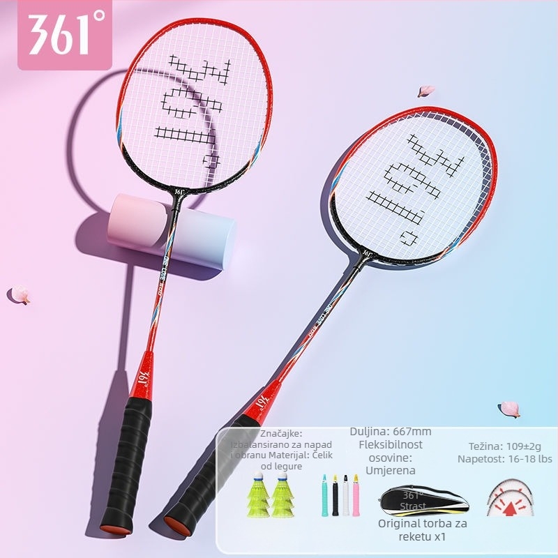 Raketa za badminton 361°, okvir od željeznog legura, težina 95–100 g, debljina drške G2, prav osić dio