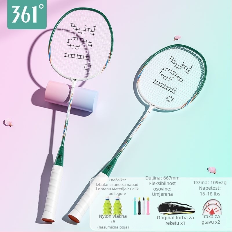 Raketa za badminton 361°, okvir od željeznog legura, težina 95–100 g, debljina drške G2, prav osić dio