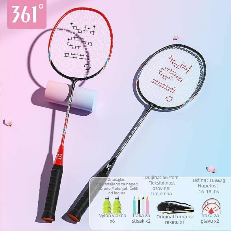 Raketa za badminton 361°, okvir od željeznog legura, težina 95–100 g, debljina drške G2, prav osić dio
