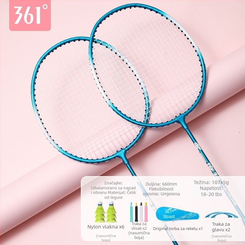 Raketa za badminton 361°, okvir od željeznog legura, težina 95–100 g, debljina drške G2, prav osić dio