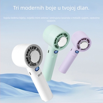 Ručni ventilator s brushless motorom, USB punjenje, ugrađena baterija 2000–4000 mAh, 3 lopatice, 3 brzine protoka zraka