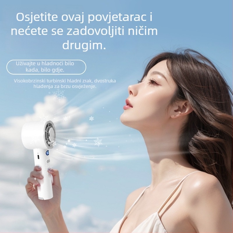 Ručni ventilator s brushless motorom, USB punjenje, ugrađena baterija 2000–4000 mAh, 3 lopatice, 3 brzine protoka zraka