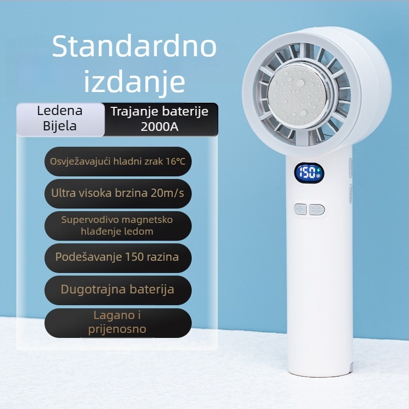 Ručni ventilator s brushless motorom, USB punjenje, ugrađena baterija 2000–4000 mAh, 3 lopatice, 3 brzine protoka zraka