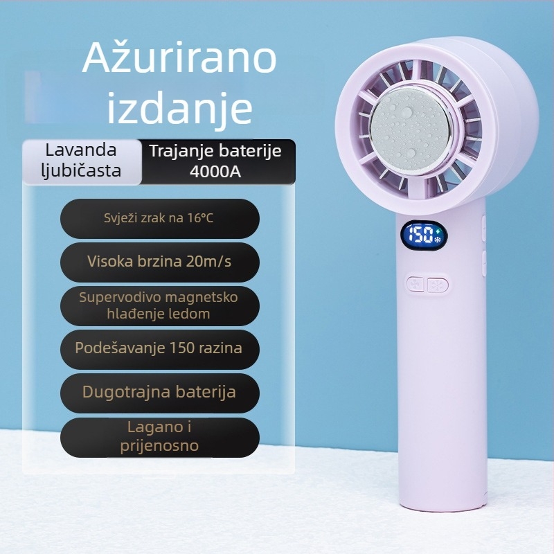 Ručni ventilator s brushless motorom, USB punjenje, ugrađena baterija 2000–4000 mAh, 3 lopatice, 3 brzine protoka zraka