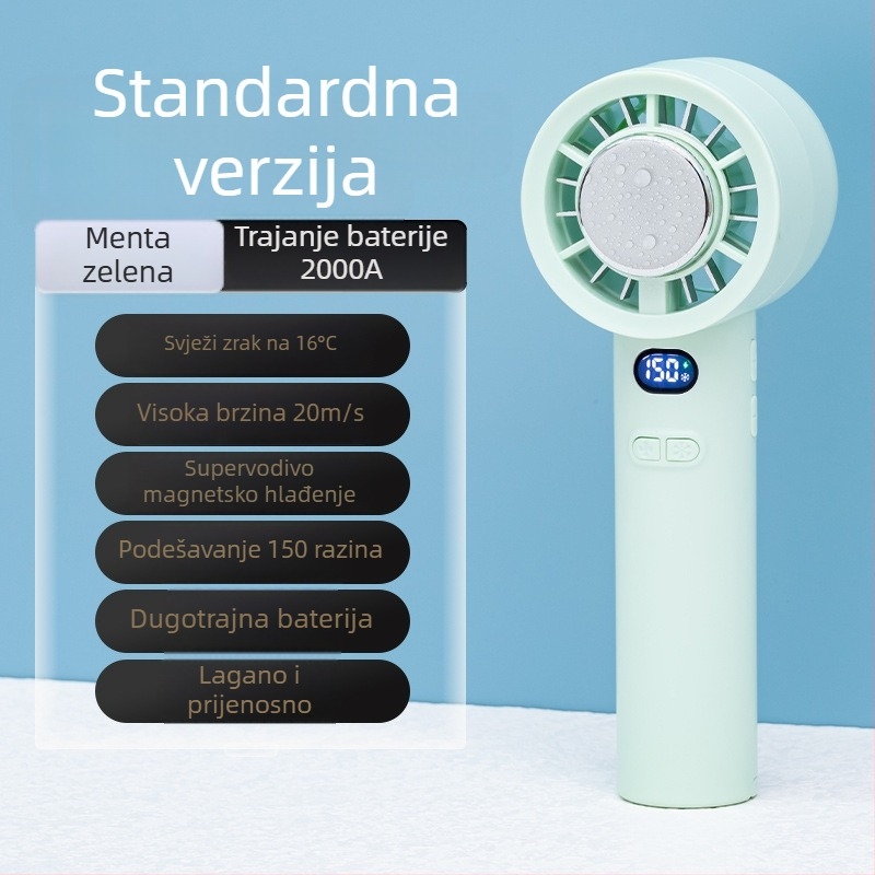 Ručni ventilator s brushless motorom, USB punjenje, ugrađena baterija 2000–4000 mAh, 3 lopatice, 3 brzine protoka zraka