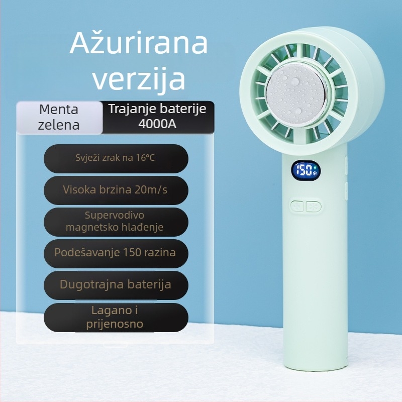 Ručni ventilator s brushless motorom, USB punjenje, ugrađena baterija 2000–4000 mAh, 3 lopatice, 3 brzine protoka zraka