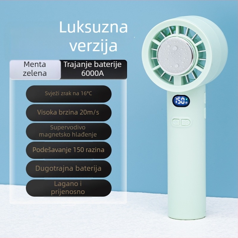 Ručni ventilator s brushless motorom, USB punjenje, ugrađena baterija 2000–4000 mAh, 3 lopatice, 3 brzine protoka zraka