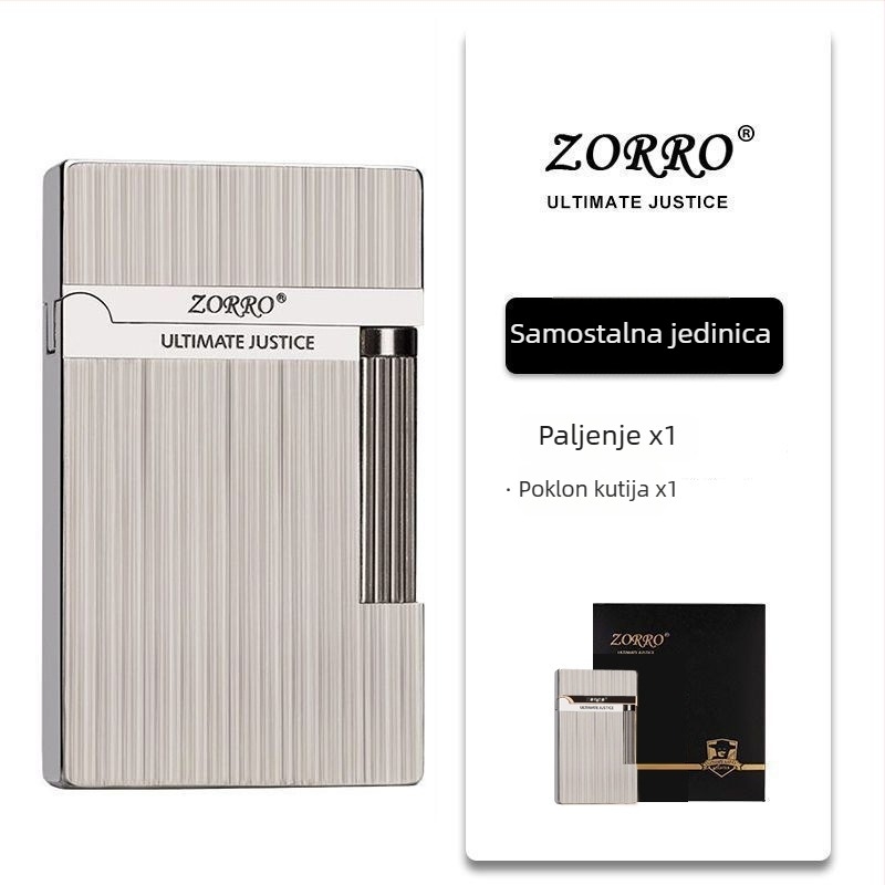 Metalni zapaljivač na kerosin s bočnim kliznim dizajnom; višekratno korištenje; nije otporan na vjetar; moguć tisk logotipa.