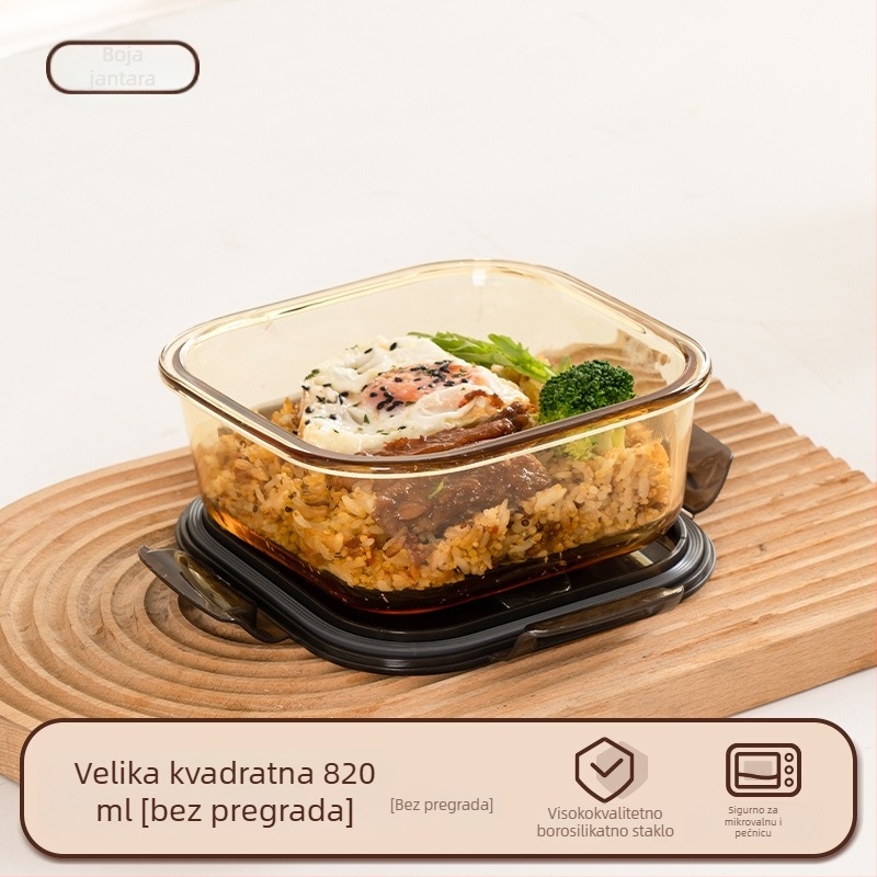 Staklena kutija za ručak (borosilikat, izolirana, pogodna za mikrovalnu, 800–1000 ml, kvadratna)