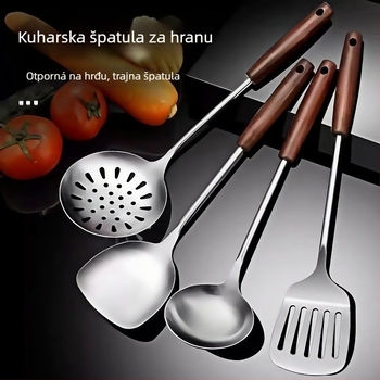 Set kuhinjskih alata od nehrđajućeg čelika s drvenom drškom: žlica za juhu, žlica s rupicama, špatula za prženje; otporan na visoke temperature; zaštita od opeklina