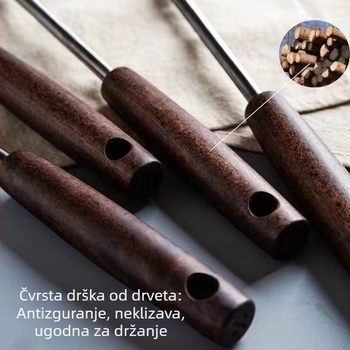 Set kuhinjskih alata od nehrđajućeg čelika s drvenom drškom: žlica za juhu, žlica s rupicama, špatula za prženje; otporan na visoke temperature; zaštita od opeklina