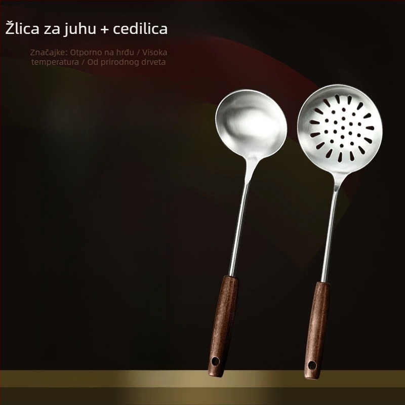 Set kuhinjskih alata od nehrđajućeg čelika s drvenom drškom: žlica za juhu, žlica s rupicama, špatula za prženje; otporan na visoke temperature; zaštita od opeklina