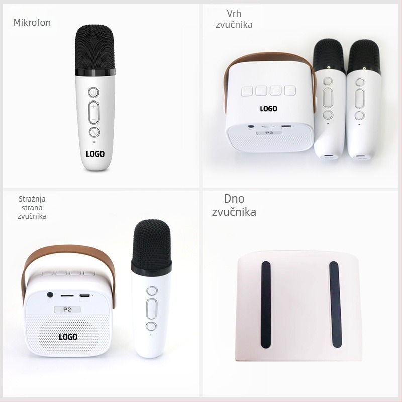 Prijenosni mini bežični mikrofon s integriranim Bluetooth zvučnikom za vanjsku karaoke i kućnu upotrebu — Bluetooth 5.3, ugrađena baterija 1200–2000 mAh, frekvencijski raspon 100 Hz–20 kHz, domet 10 m, 6 W