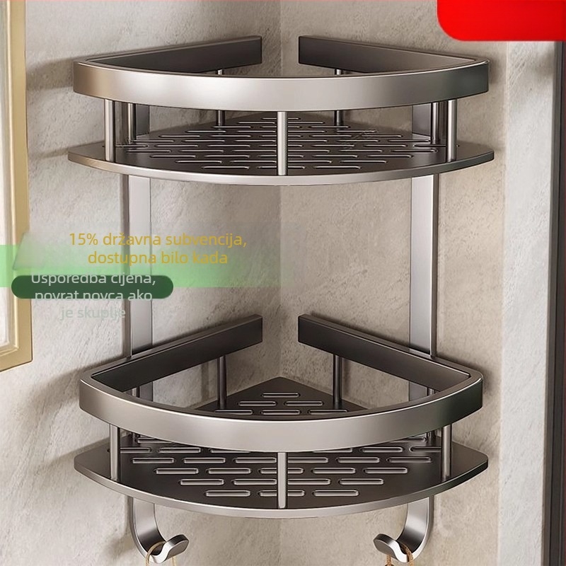 Prostorni aluminijski kutni ormarić za kupaonicu, 3 razine, oblik ventilatora, anodizirani završni sloj, bez bušenja