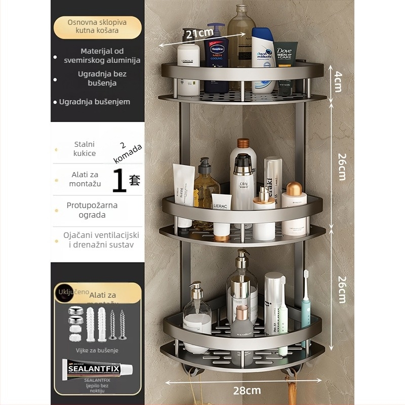 Prostorni aluminijski kutni ormarić za kupaonicu, 3 razine, oblik ventilatora, anodizirani završni sloj, bez bušenja