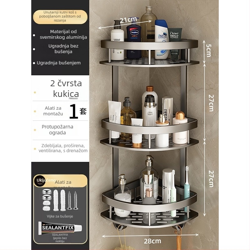 Prostorni aluminijski kutni ormarić za kupaonicu, 3 razine, oblik ventilatora, anodizirani završni sloj, bez bušenja