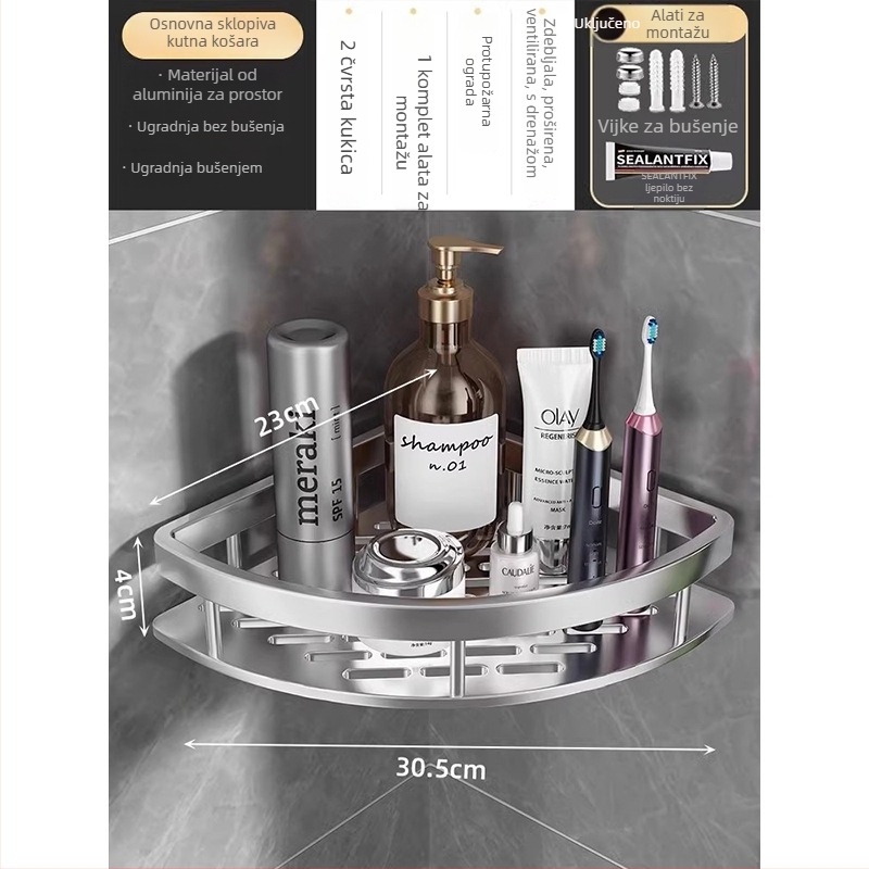 Prostorni aluminijski kutni ormarić za kupaonicu, 3 razine, oblik ventilatora, anodizirani završni sloj, bez bušenja