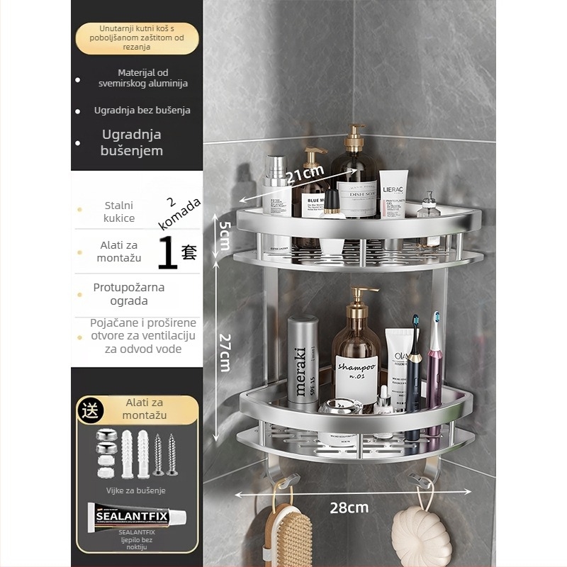 Prostorni aluminijski kutni ormarić za kupaonicu, 3 razine, oblik ventilatora, anodizirani završni sloj, bez bušenja