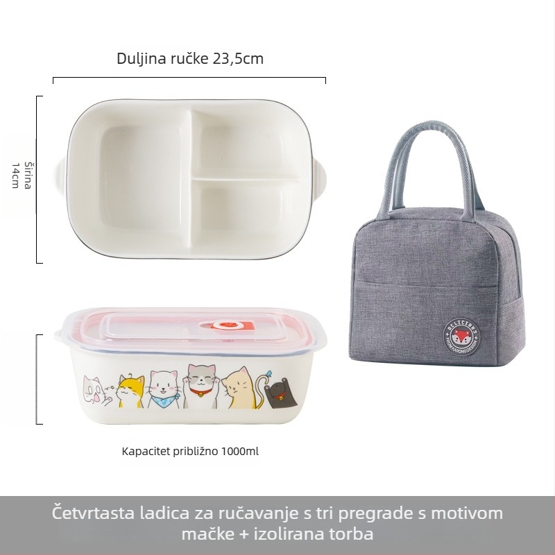 Keramička pravokutna kutija za ručak s karikaturnim uzorkom, mikrovalna sigurnost, kapacitet 800–1000 ml
