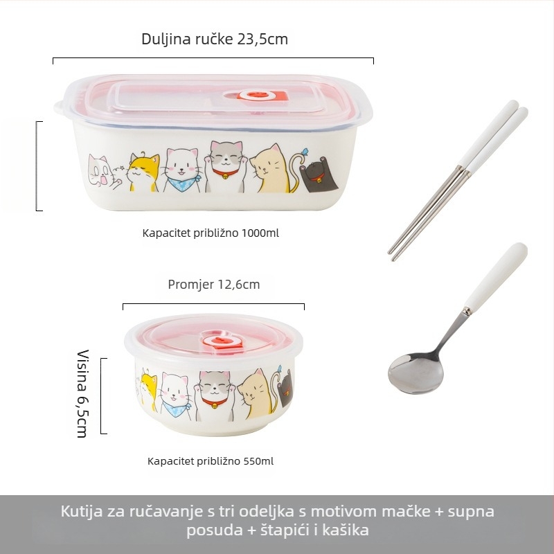 Keramička pravokutna kutija za ručak s karikaturnim uzorkom, mikrovalna sigurnost, kapacitet 800–1000 ml