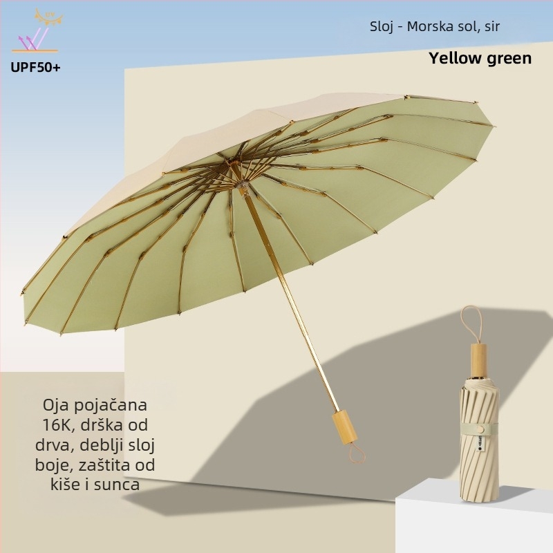 Sunčani kišobran s tri odjeljka i dvostrukim slojem, tkanina 210T, 8 rebara, aluminijski štap, plastična ručka, ručno otvaranje i zatvaranje, UPF50+