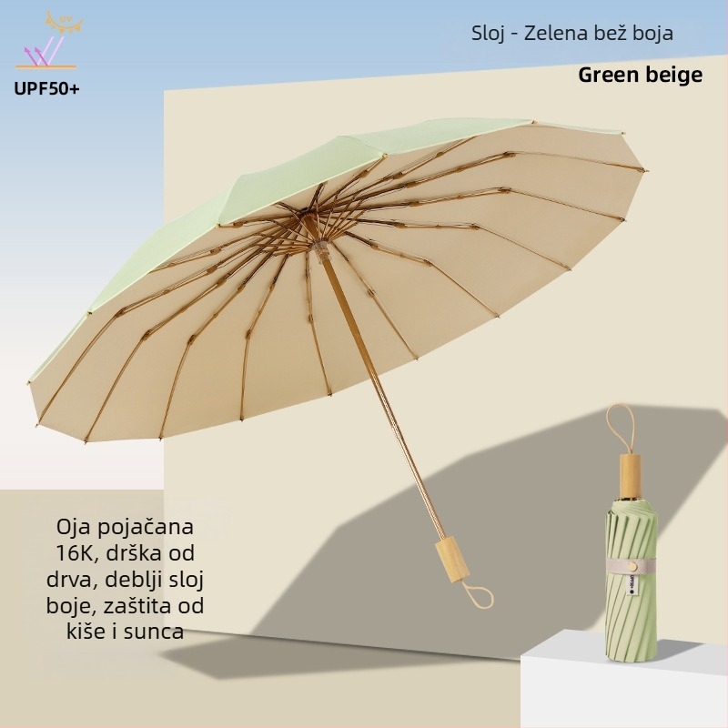 Sunčani kišobran s tri odjeljka i dvostrukim slojem, tkanina 210T, 8 rebara, aluminijski štap, plastična ručka, ručno otvaranje i zatvaranje, UPF50+