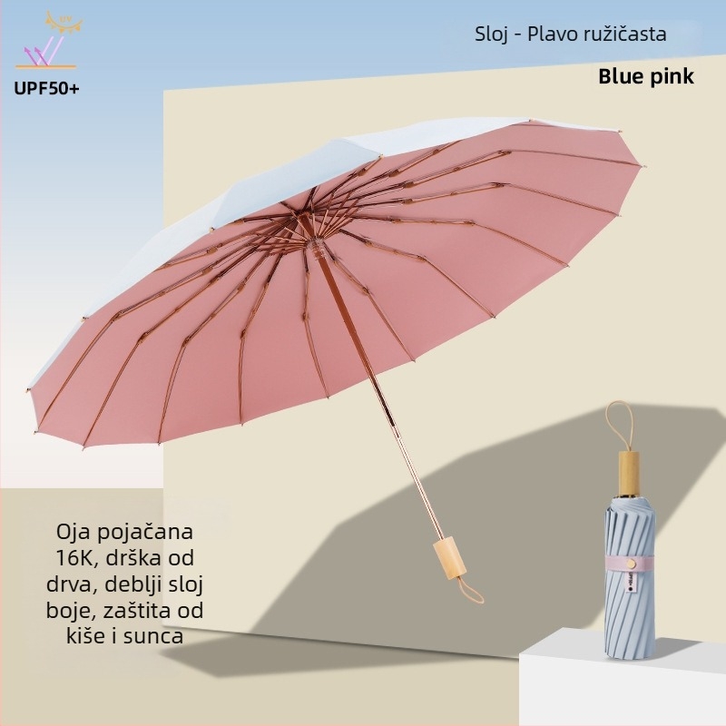 Sunčani kišobran s tri odjeljka i dvostrukim slojem, tkanina 210T, 8 rebara, aluminijski štap, plastična ručka, ručno otvaranje i zatvaranje, UPF50+