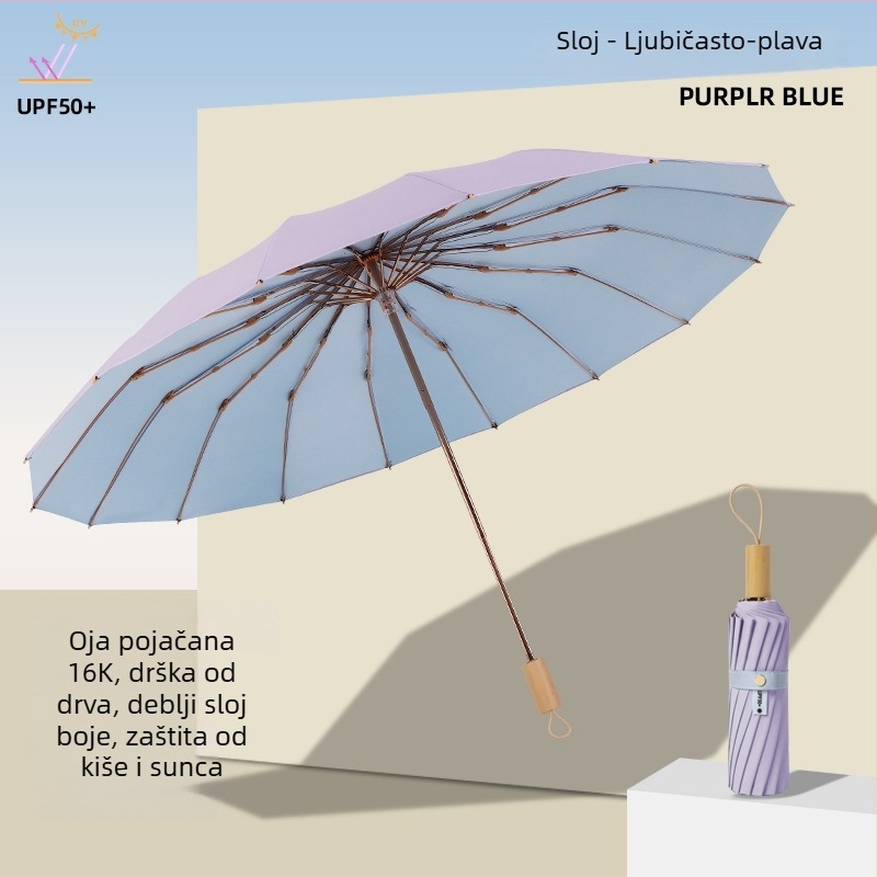 Sunčani kišobran s tri odjeljka i dvostrukim slojem, tkanina 210T, 8 rebara, aluminijski štap, plastična ručka, ručno otvaranje i zatvaranje, UPF50+