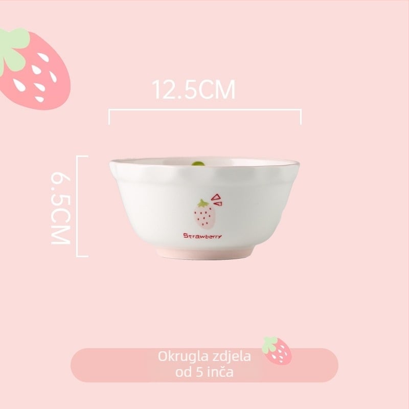 Set porcelanskih zdjela i tanjura s motivom jagode, okrugli oblik, mikrovalna sigurnost, ispod glazure
