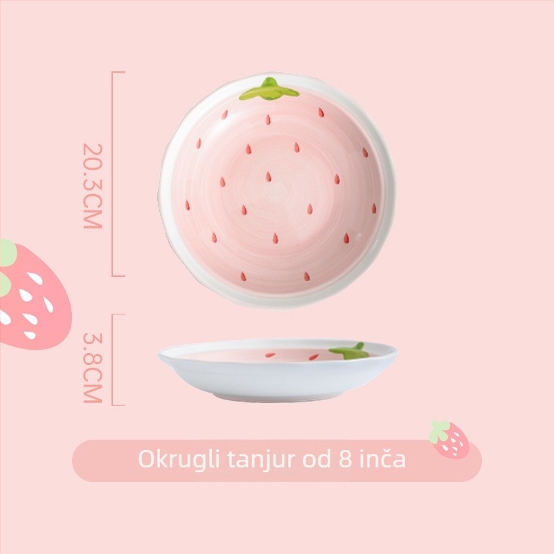Set porcelanskih zdjela i tanjura s motivom jagode, okrugli oblik, mikrovalna sigurnost, ispod glazure
