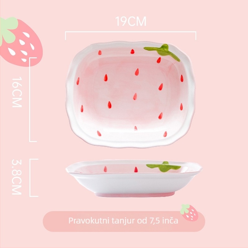 Set porcelanskih zdjela i tanjura s motivom jagode, okrugli oblik, mikrovalna sigurnost, ispod glazure