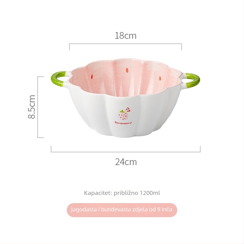 Set porcelanskih zdjela i tanjura s motivom jagode, okrugli oblik, mikrovalna sigurnost, ispod glazure