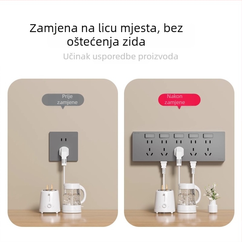 Ultra-tanki plošni utični panel s prekidačem, proširena utičnica s pet rupa, tijelo od cinka-fosfor bronze, 10A, 220V, na zid