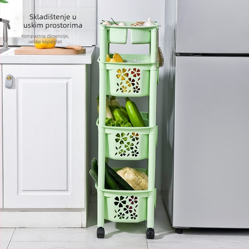 3‑slojni stalak za povrće s kotačićima, podni stalak, PP materijal