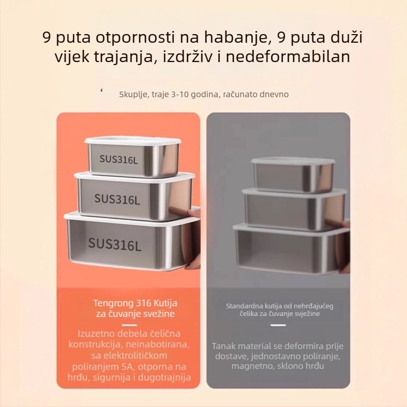 Kutija za svježinu od 316 nehrđajućeg čelika, prehrambene kvalitete, s poklopcem, zapečaćena