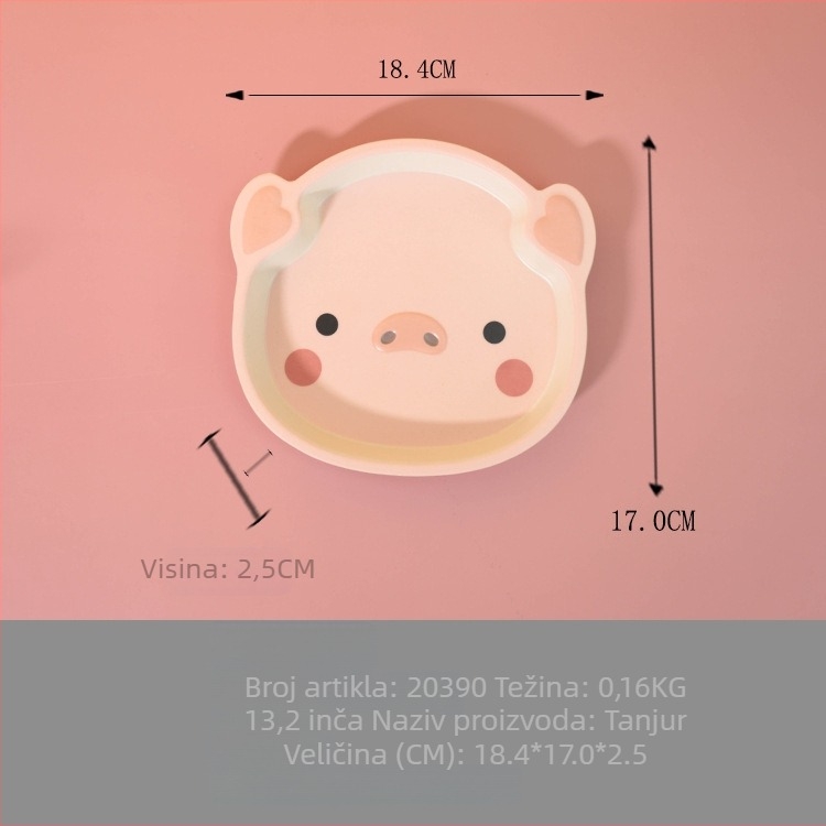 Set dječjih posuđa — tanjur u obliku praseta, crtani dizajn, melamin i vlakna bambusa, nepravilan oblik