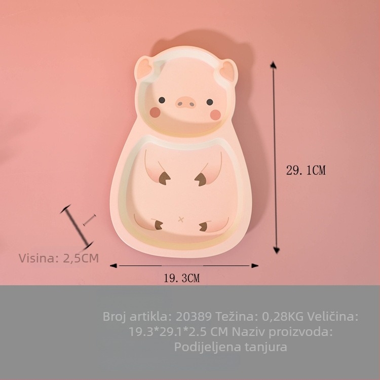 Set dječjih posuđa — tanjur u obliku praseta, crtani dizajn, melamin i vlakna bambusa, nepravilan oblik